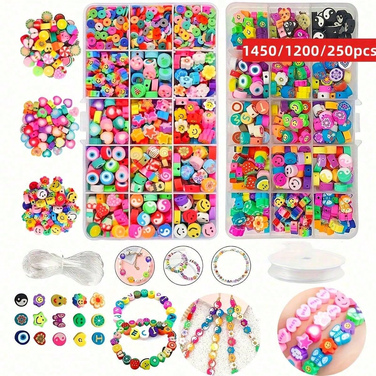 Polymer Clay Set - 1450/1200/250 ชิ้นชุดลูกปัดดินโพลิเมอร์, กล่อง, ชุดด้ายยืดหยุ่น, การทำเครื่องประดับ DIY,