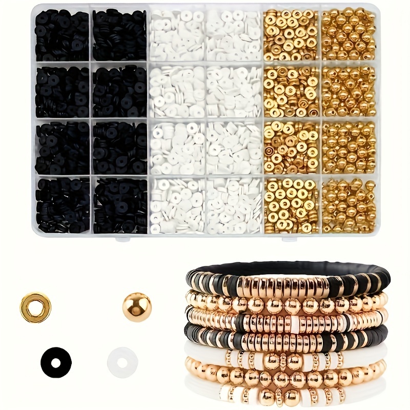 Polymer Clay Set - 2000 ชิ้น, ชุดลูกปัดเซรามิกนุ่มสีดำและขาวพร้อมลูกปัดทองทรงกลมในกล่อง, สร้อยข้อมือคู่รัก, ชุดทำเครื่องประดับ DIY
